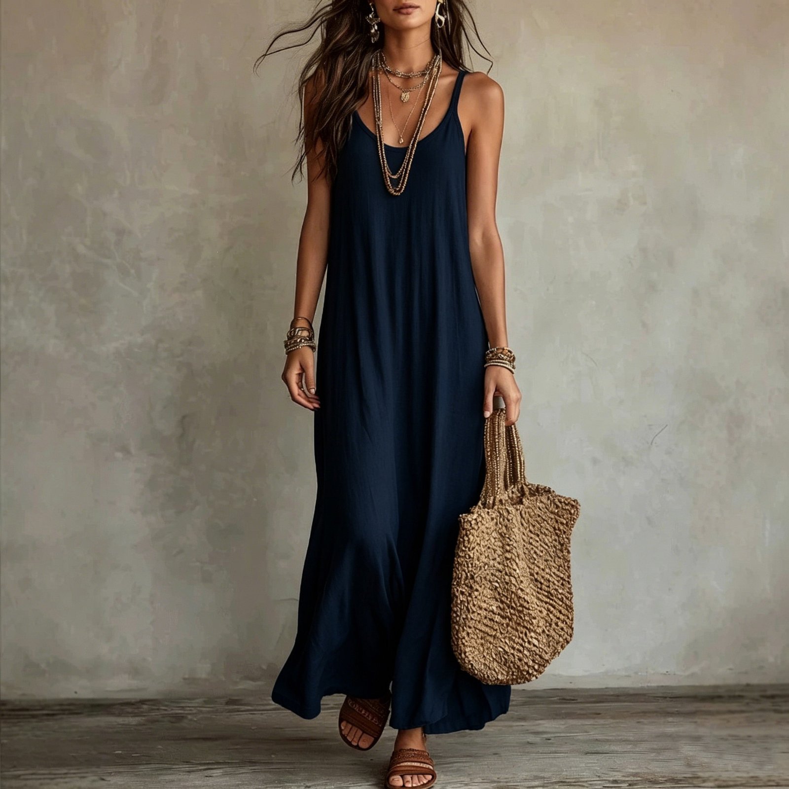 Womens Bohemian Loose-Fit Solid-Color Dress 2
