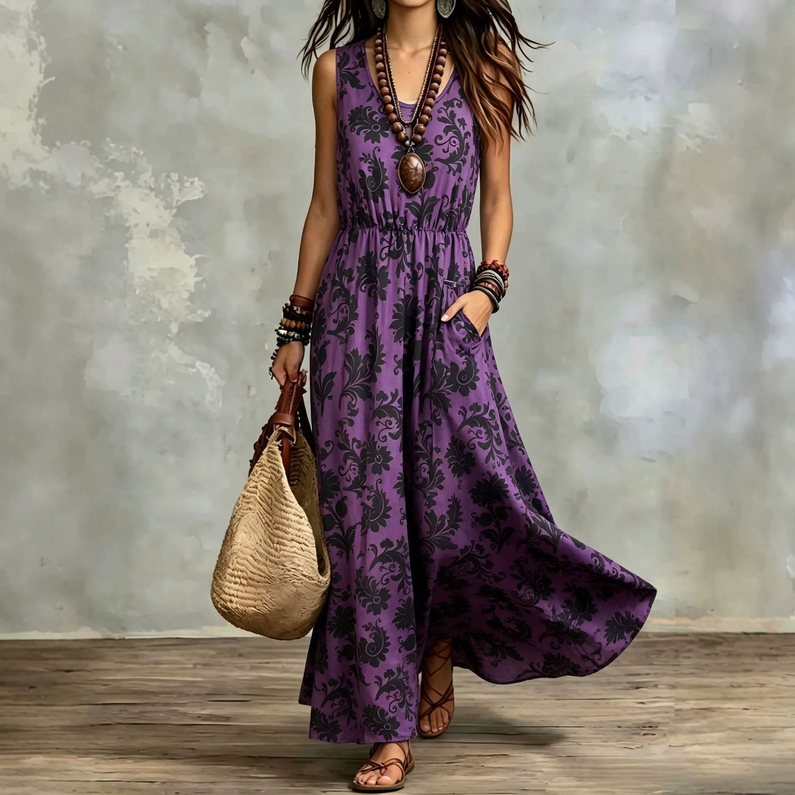 Elegant Sleeveless Printed Long Dress With Pockets 2