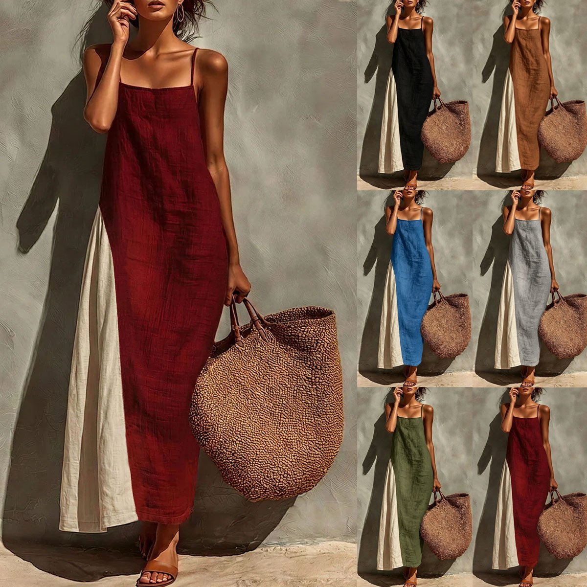 Womens Cotton-linen Versatile Minimalist Strap Dress