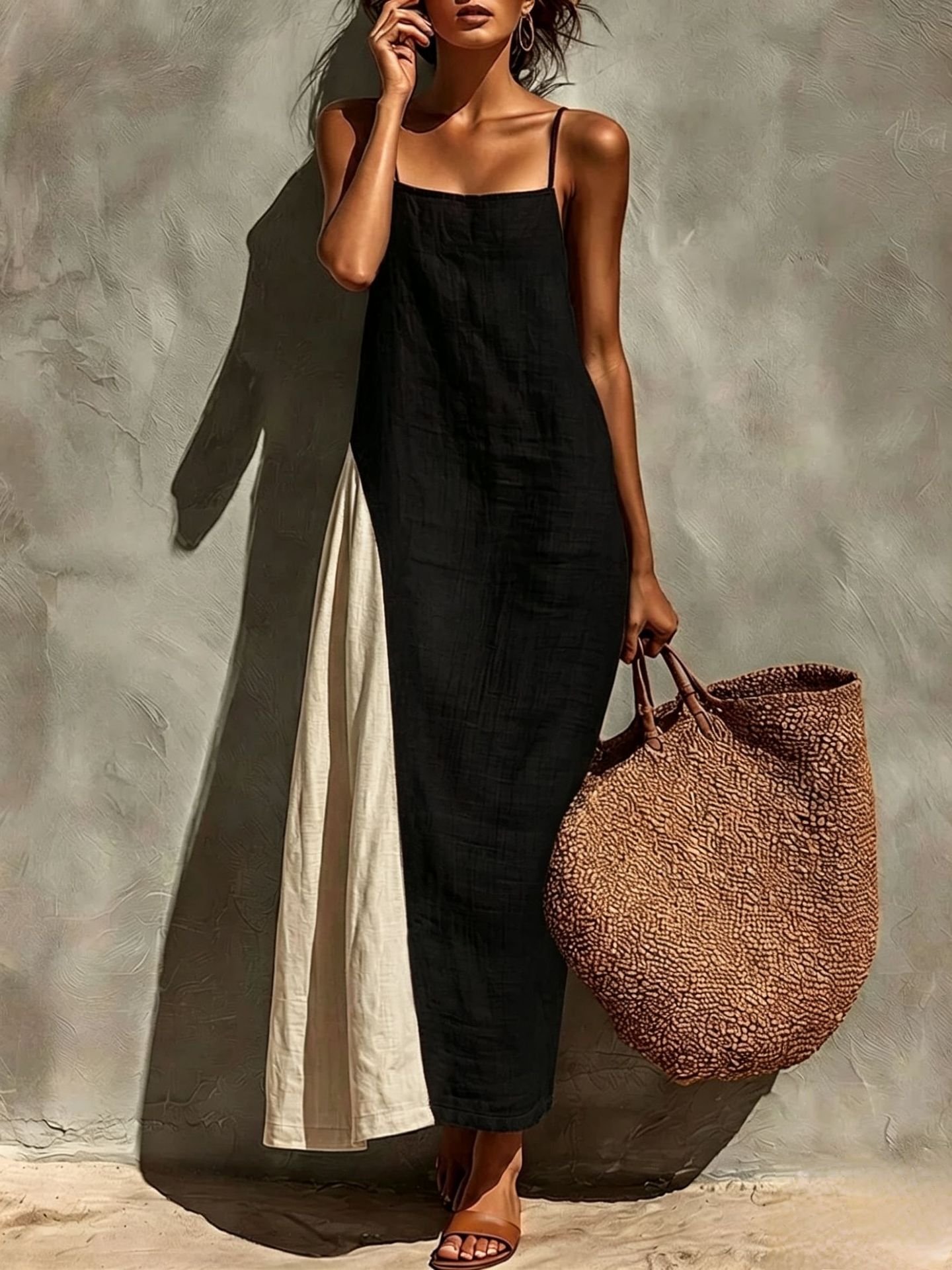 Womens Cotton-linen Versatile Minimalist Strap Dress 2