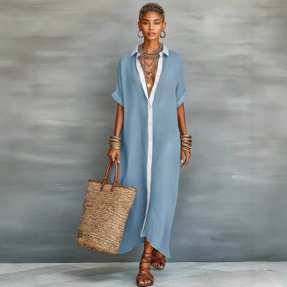 Color-blocked Loose  And Linen Long Dress Fashionable And Casual Dress