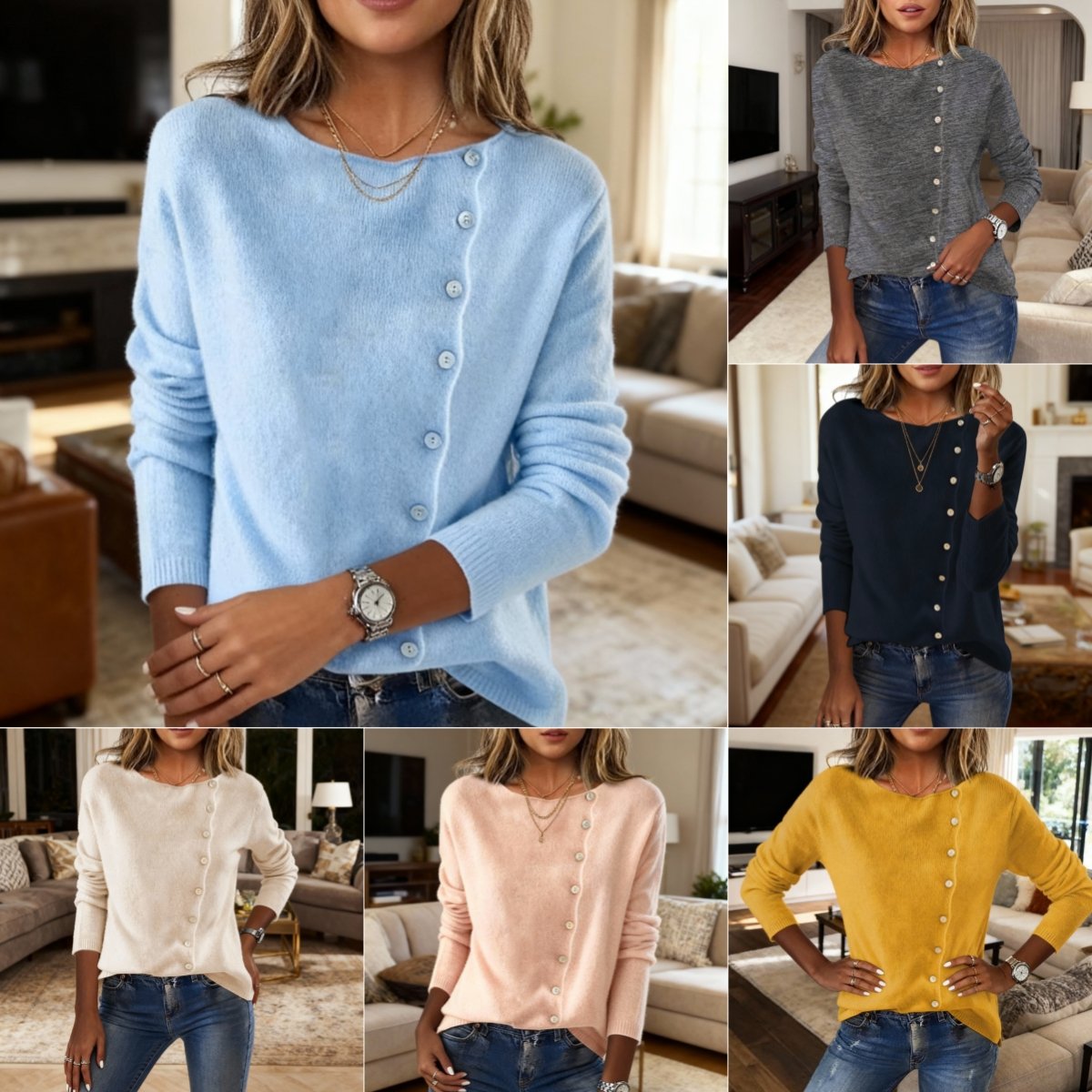 Elegant Round Neck Long Sleeve Button Sweater For Women Fall Spring Knitted Sweaters Tops 2